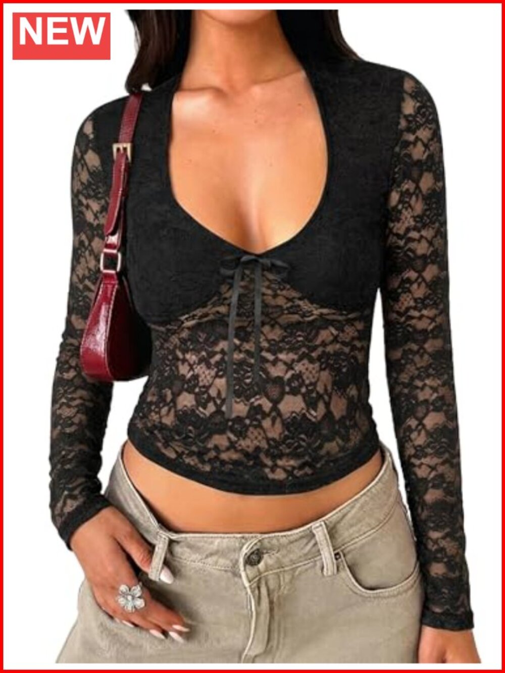 Women's Long Sleeve Lace Mesh Sheer Top V-Neck Y2K Crop Blouse